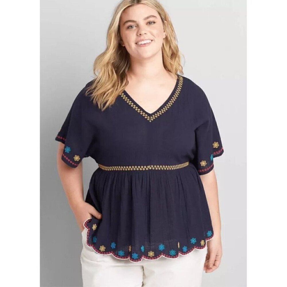 Lane Bryant Embroidered Floral Empire Waist Babydoll Top Navy Blue V Neck Cotton